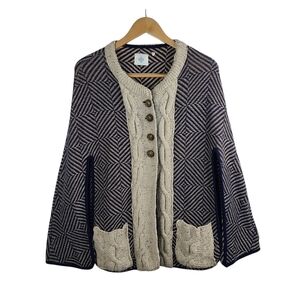 Anthropologie HWR navy blue & beige sweater cape chunky cable knit sz S/M
